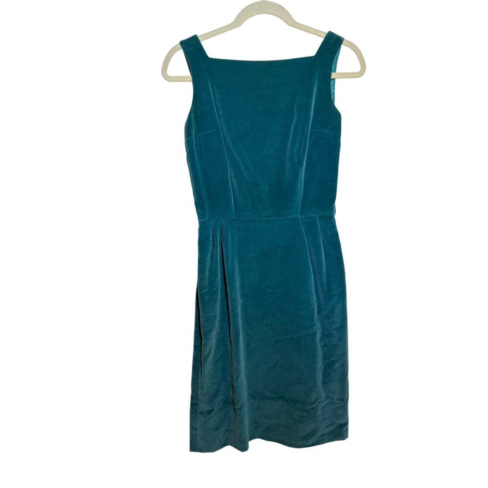 Vintage 60s Teal Velvet Square Neck Dress Sleeveless Handmade Mod Cocktail